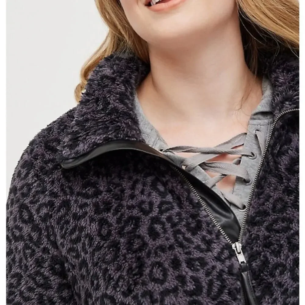 Torrid charcoal grey leopard Pu Trim Zip Front Sherpa